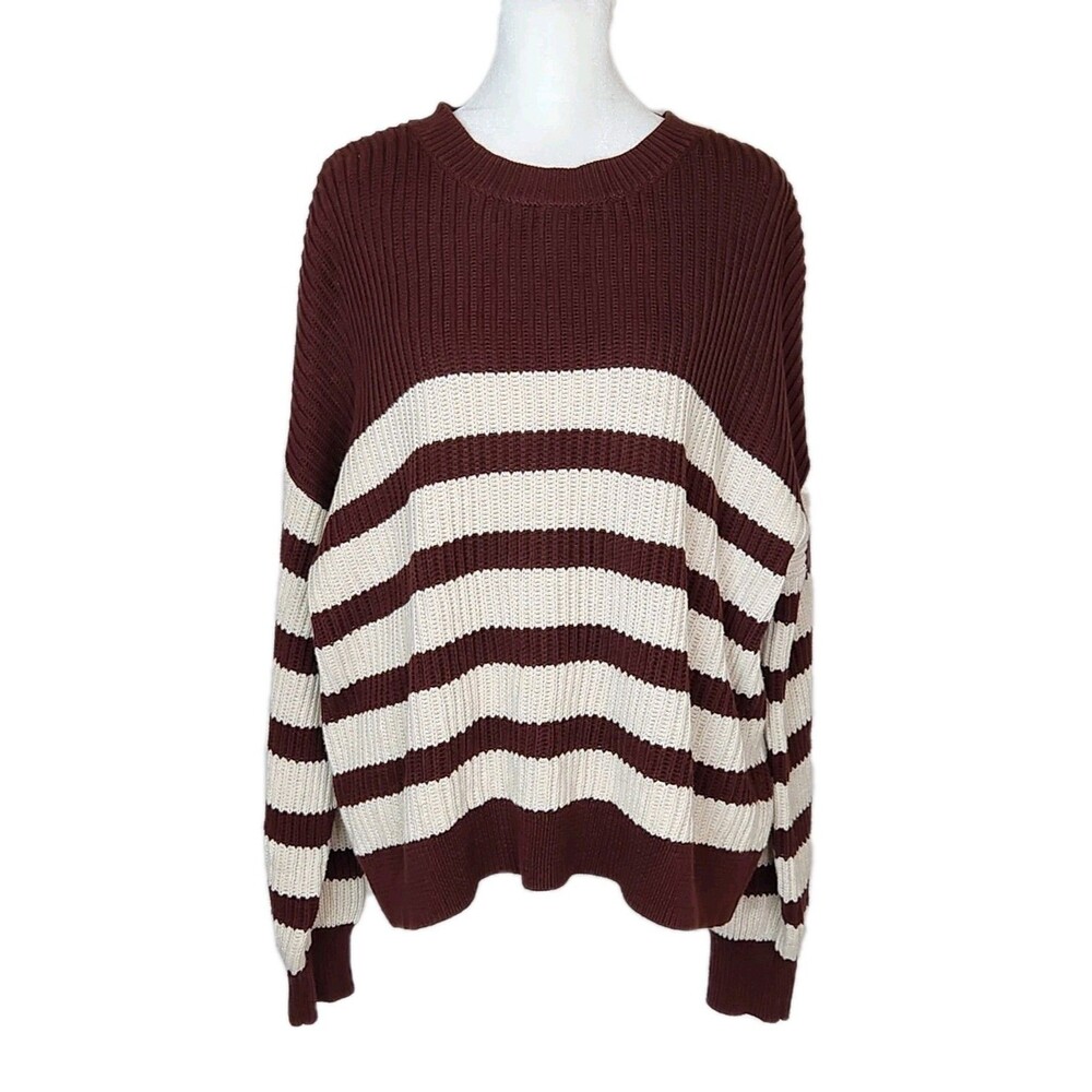 Treasure & Bond Brown Ecru Striped Chunky Knit Pullover Sweater XL Dark Academia